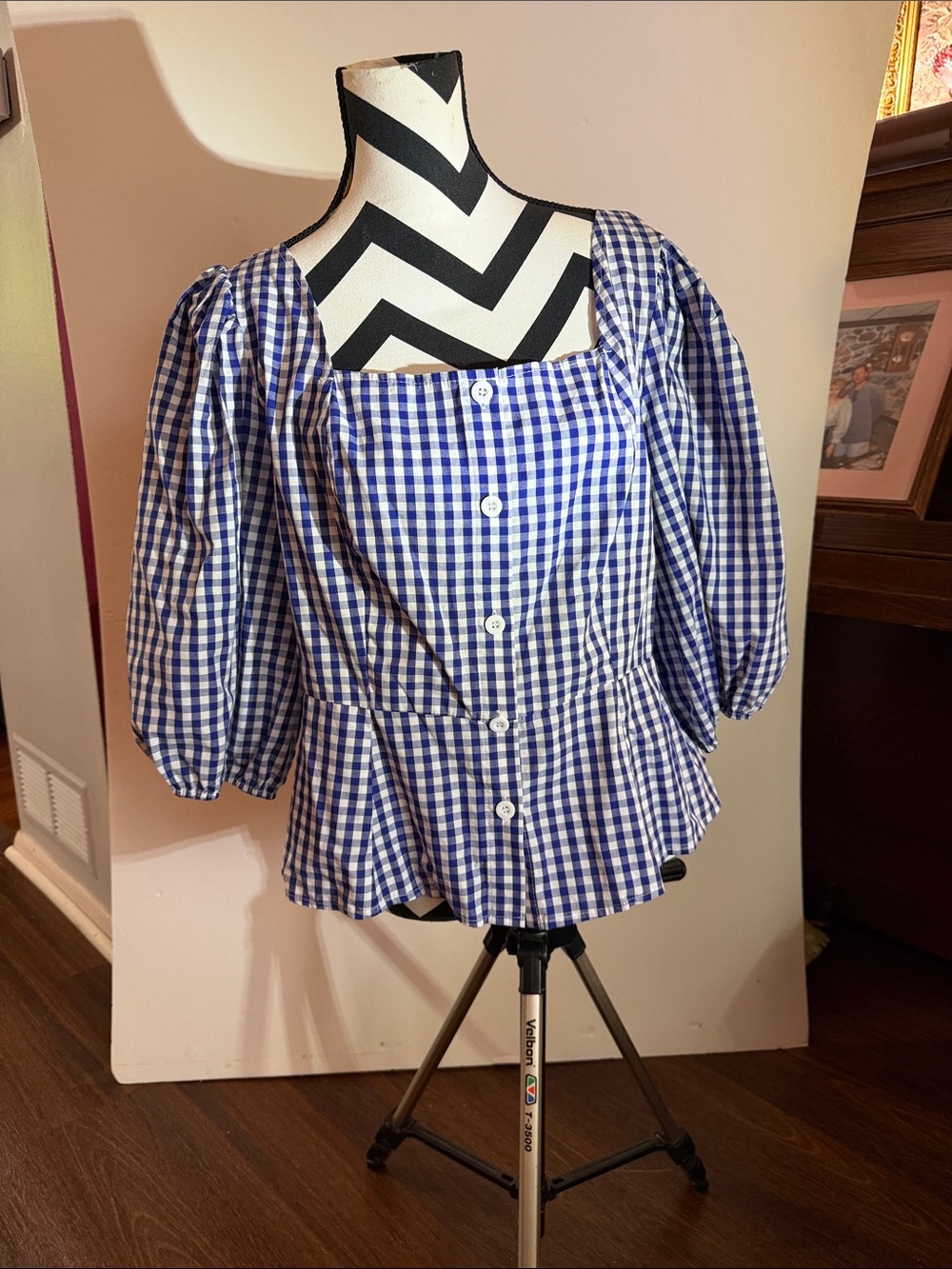 Blue Gingham Square-Neck Puff Sleeve Peplum Blouse. Sooo cute!